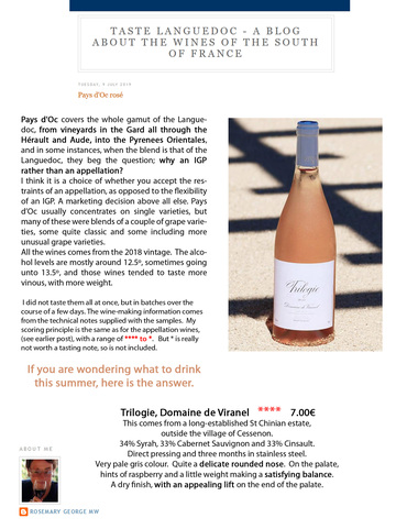 Taste of Languedoc Trilogie Rosé 4stars Rosemary George