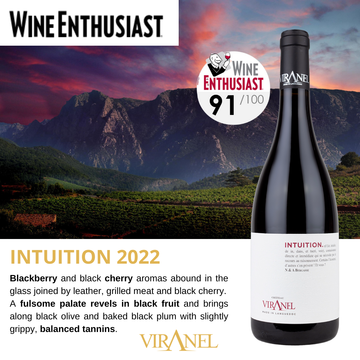 Intuition Rouge 2022, noté 91/100 par Wine Enthusiast. Un vin complexe aux notes de mûre, de cerise noire et d'épices, idéal pour sublimer vos repas en accompagnement de viandes grillées ou de fromages affinés.